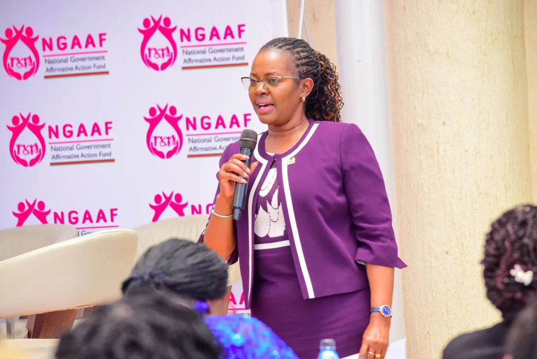 Gender and Affirmative Action Principal Secretary Anne Wang'ombe speaking at a side event on women empowerment during the festac festival in Kisumu